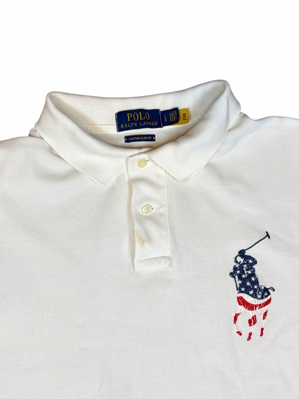 Polo Ralph Lauren Custom Slim USA Flag Big Pony Mesh Polo Shirt White Sz L - Picture 5 of 9